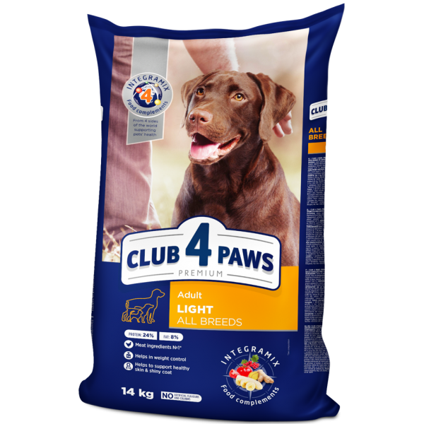 CLUB 4 PAWS Premium light. Complete dry pet food for weight control for adult dogs of all breeds, 14 kg