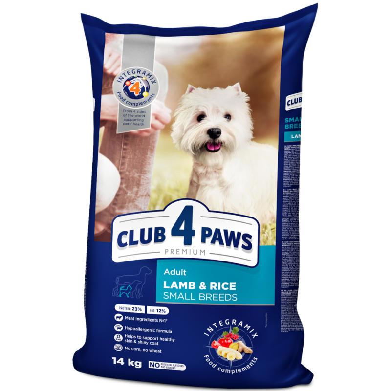 CLUB 4 PAWS Premium "Lamb and rice" for adult dogs of small breeds. Complete dry pet food,14 kg