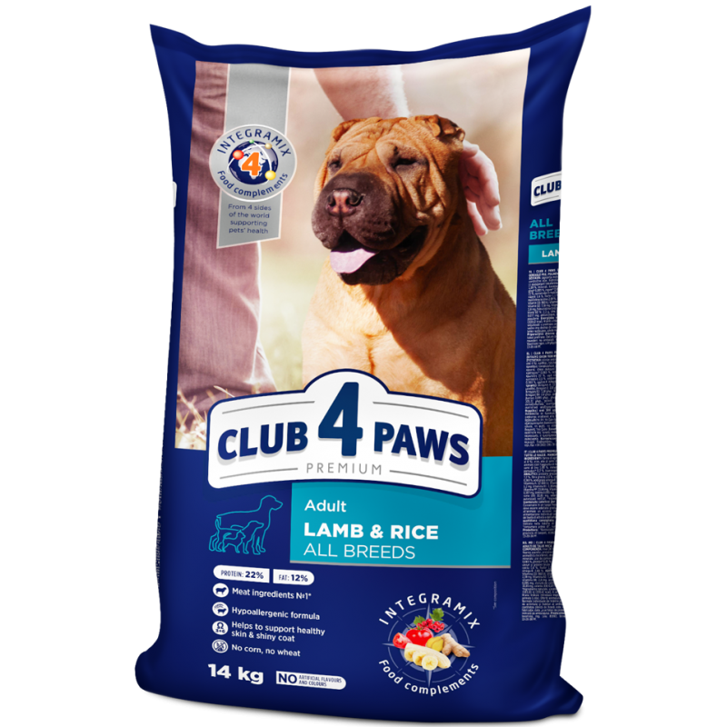 CLUB 4 PAWS Premium "Lamb and rice" for adult dogs of all breeds. Complete dry pet food, 14 kg