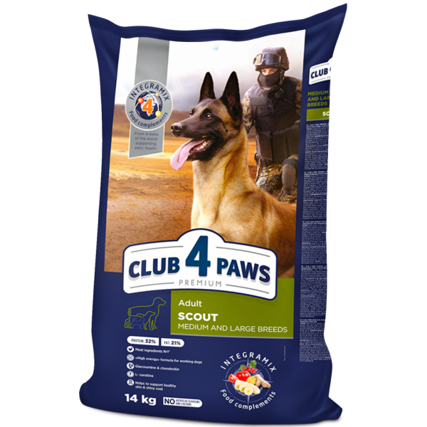 CLUB 4 PAWS Premium «Scout». Сomplete dry pet food for adult working dogs medium and large breeds, 14 kg