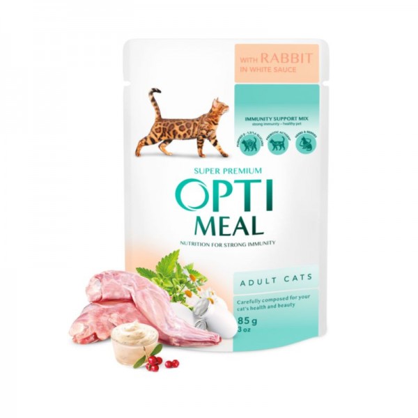 OPTIMEAL ™. Сomplete сanned pet food for adult cats with rabbit in white sauce 0,085 kg