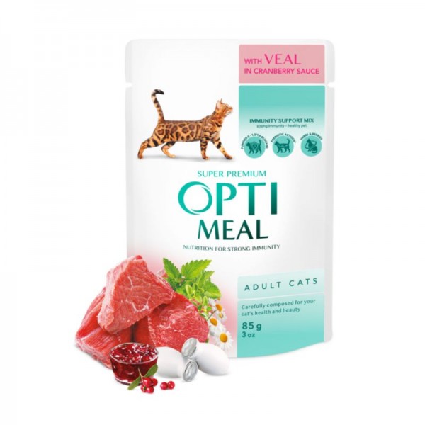 OPTIMEAL ™. Сomplete сanned pet food for adult cats with veal in cranberry sauce 0,085 kg