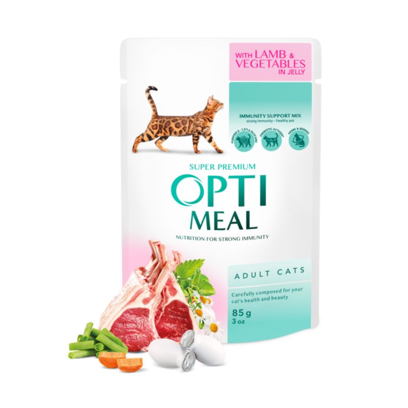 OPTIMEAL ™ Сomplete сanned pet food for adult cats with lamb and veggies in jelly 0,085 kg