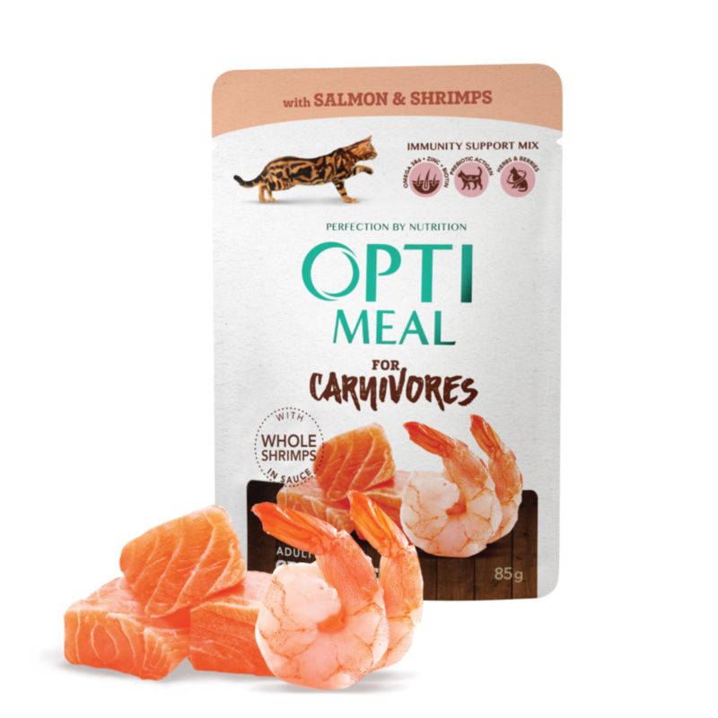 OPTIMEAL ™ Grain free сomplete сanned pet food for adult cats with salmon and shrimps in sauce 0,085 kg
