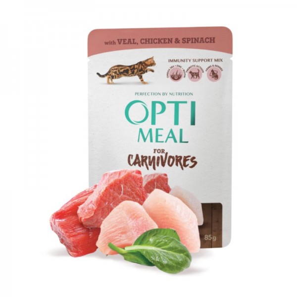 OPTIMEAL™. Grain free сomplete сanned pet food for adult cats with veal, chicken fillet and spinach in sauce 0,085 kg
