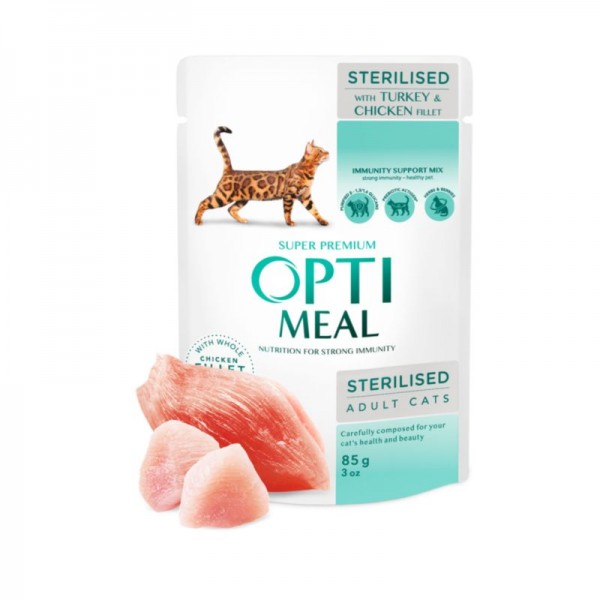 OPTIMEAL™. Сomplete сanned pet food for sterilised cats with turkey and chicken fillet in sauce 0,085 kg