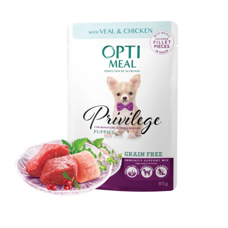 OPTIMEAL™. Grain free сomplete сanned pet food for puppies of miniature and small breeds, with veal and chicken fillet in sauce 