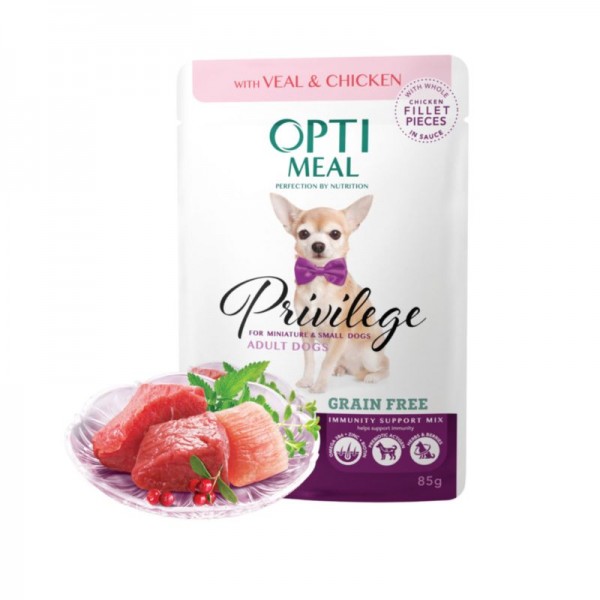 OPTIMEAL™. Grain free сomplete сanned pet food for adult dogs of miniature and small breeds, with veal and chicken fillet in sauce 