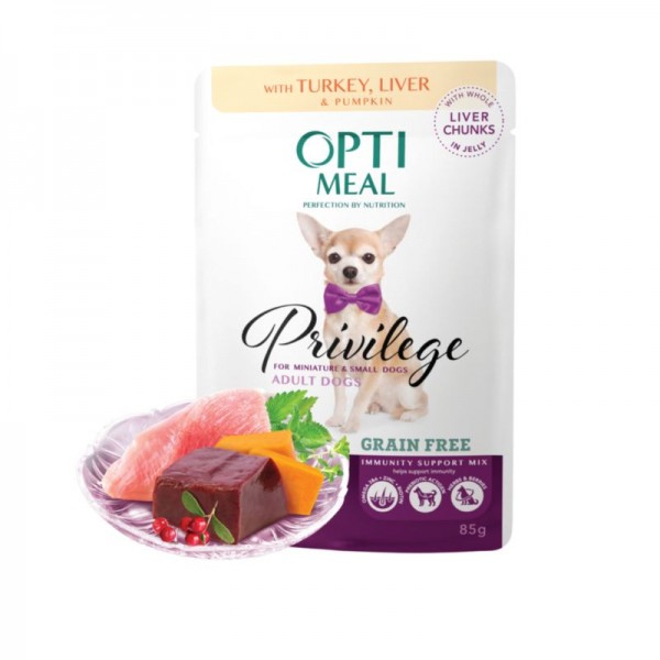 OPTIMEAL™. Grain free сomplete сanned pet food for adult dogs of miniature and small breeds, with turkey and liver in pumpkin jelly 