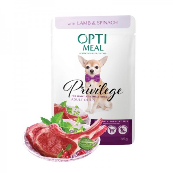 OPTIMEAL™. Сomplete сanned pet food for adult dogs of miniature and small breeds, with lamb and spinach in sauce 