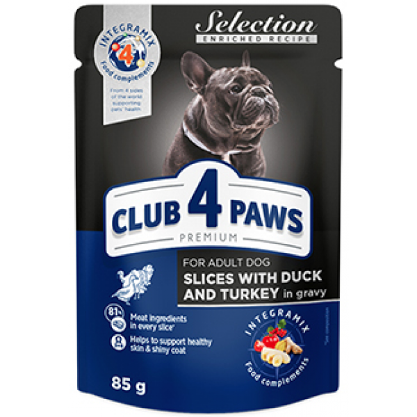 CLUB 4 PAWS PREMIUM "SLICES WITH DUCK AND TURKEY IN GRAVY". COMPLETE CANNED PET FOOD FOR ADULT DOGS OF SMALL BREED